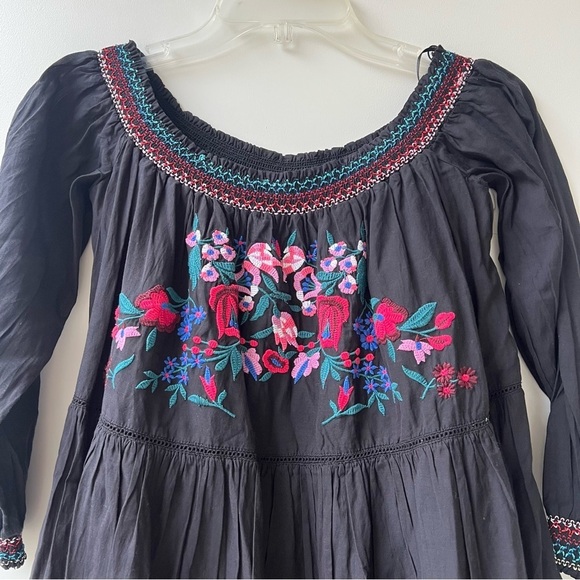Free People Sunbeams Floral Embroidered Off The Shoulder Boho Dress - Black - S - Picture 8 of 14